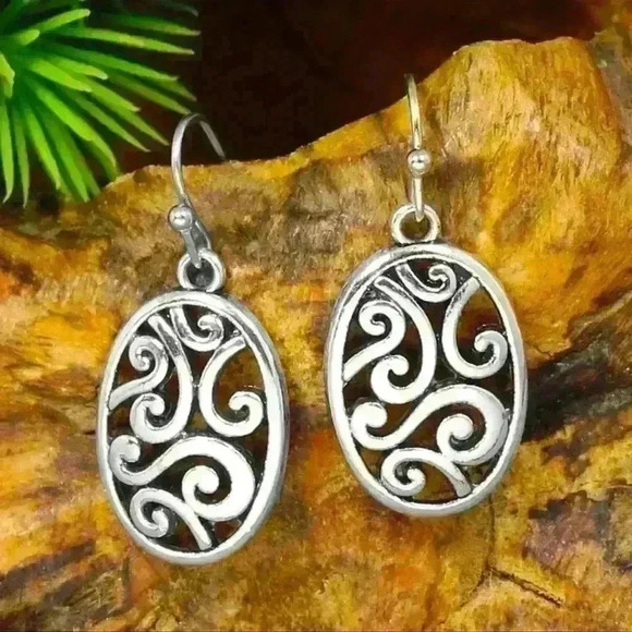 Jewelry - Antique Silver Stainless Steel Carved Pattern Dangle Earrings w/ Fish Hook Backs